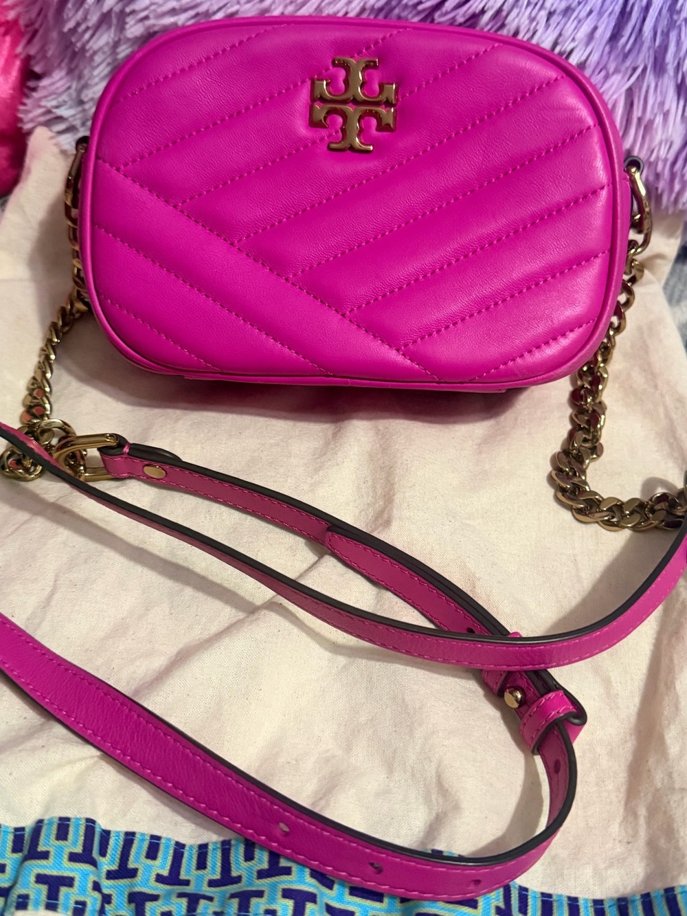 Tory Burch Hot Pink Quilted Leather Crossbody Camera Bag with Gold Hardware